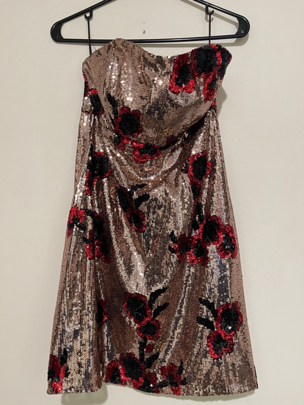 NWT Guess Gold Sequin Dress with Red & Black Floral Accents size 4